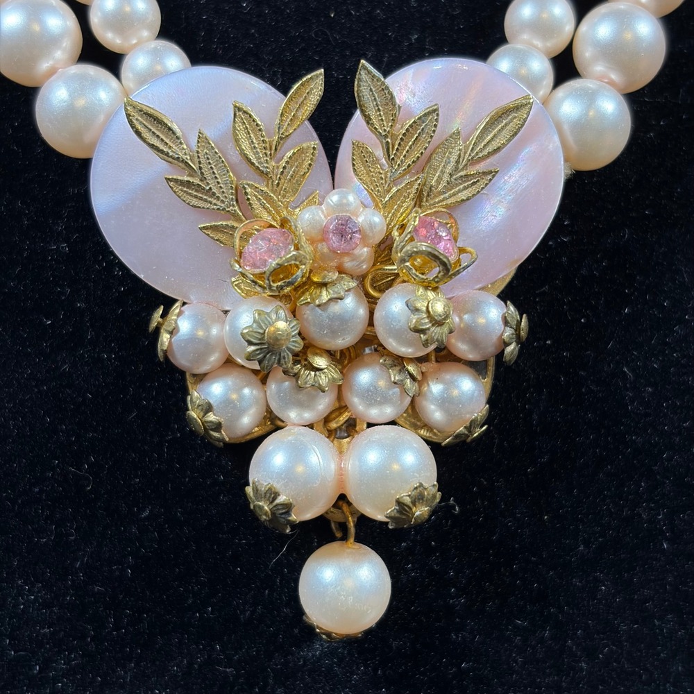 Vintage Faux Pearl Double Strand Necklace Pink Rhinestone Floral Pendant Gold